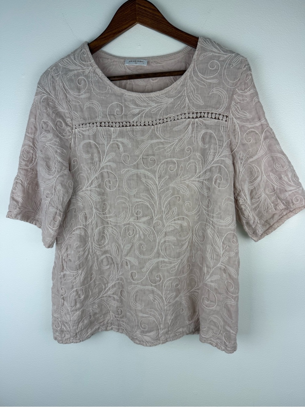 Spighe Di Lino Embroided Linen Blend Scoop Neck Top - Light Taupe